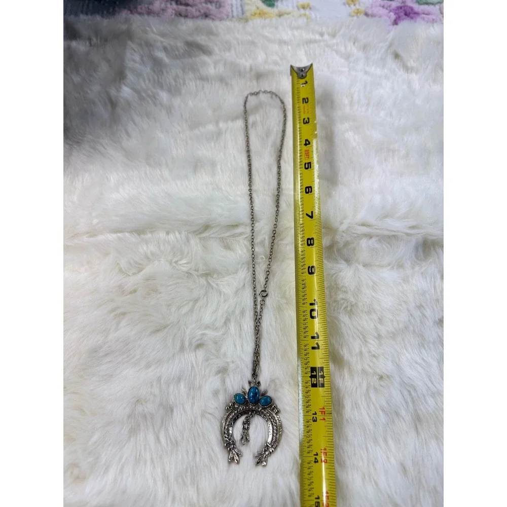Western Horseshoe Squash Blossom Turquoise Necklace Silver Tone‎